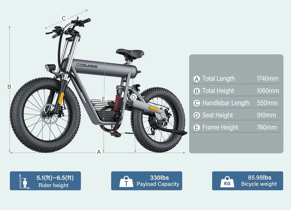 COSWHEEL Electric Bike Adults Off road electric Motorcycle bike 1000W Fat Tire Electric Bicycle,48V 20Ah Removable Battery Ebike