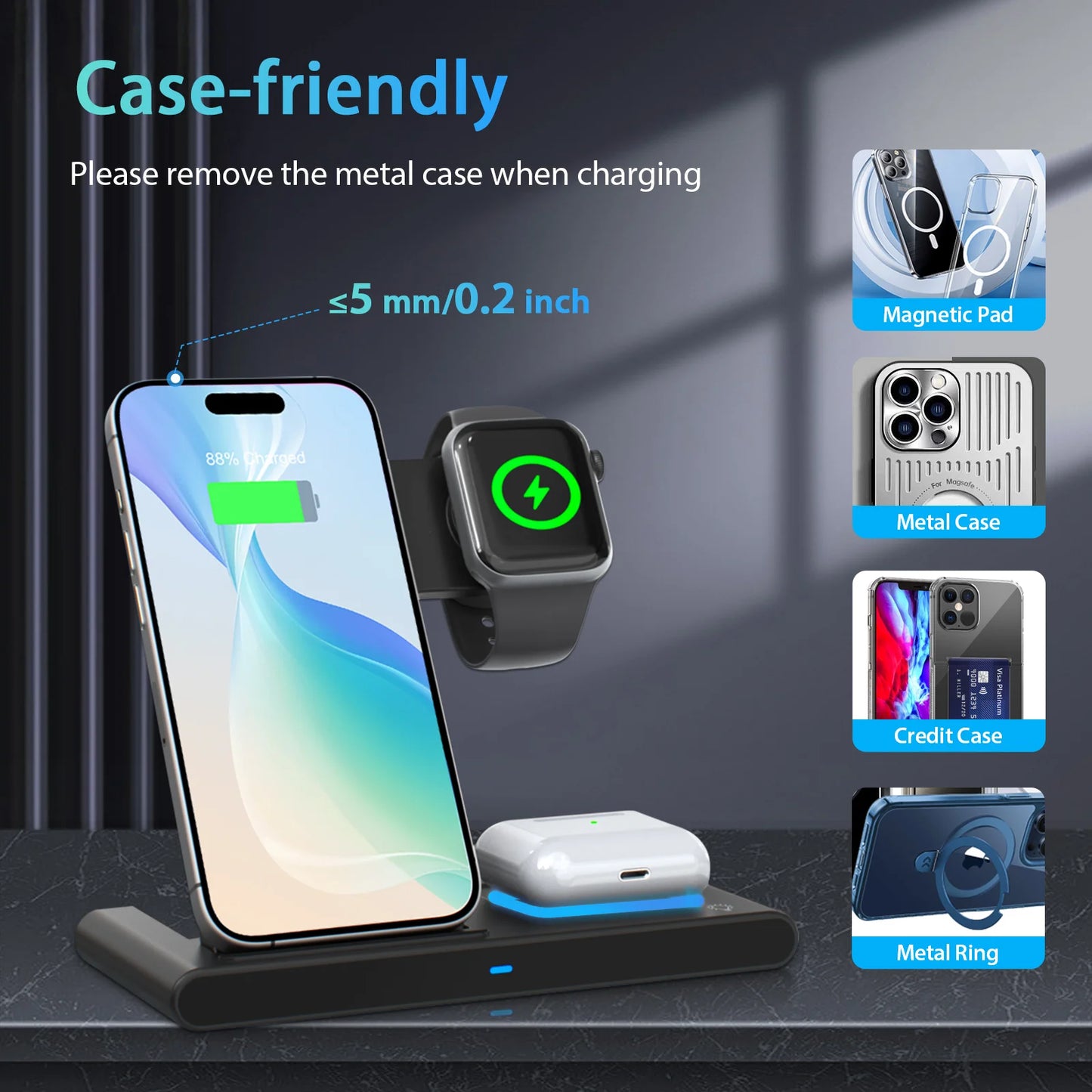 Magnetic Wireless Charging Station 3-In-1 Foldable 18W Fast Charging Pad for Apple iPhone 12-16 Series Apple Watch AirPods