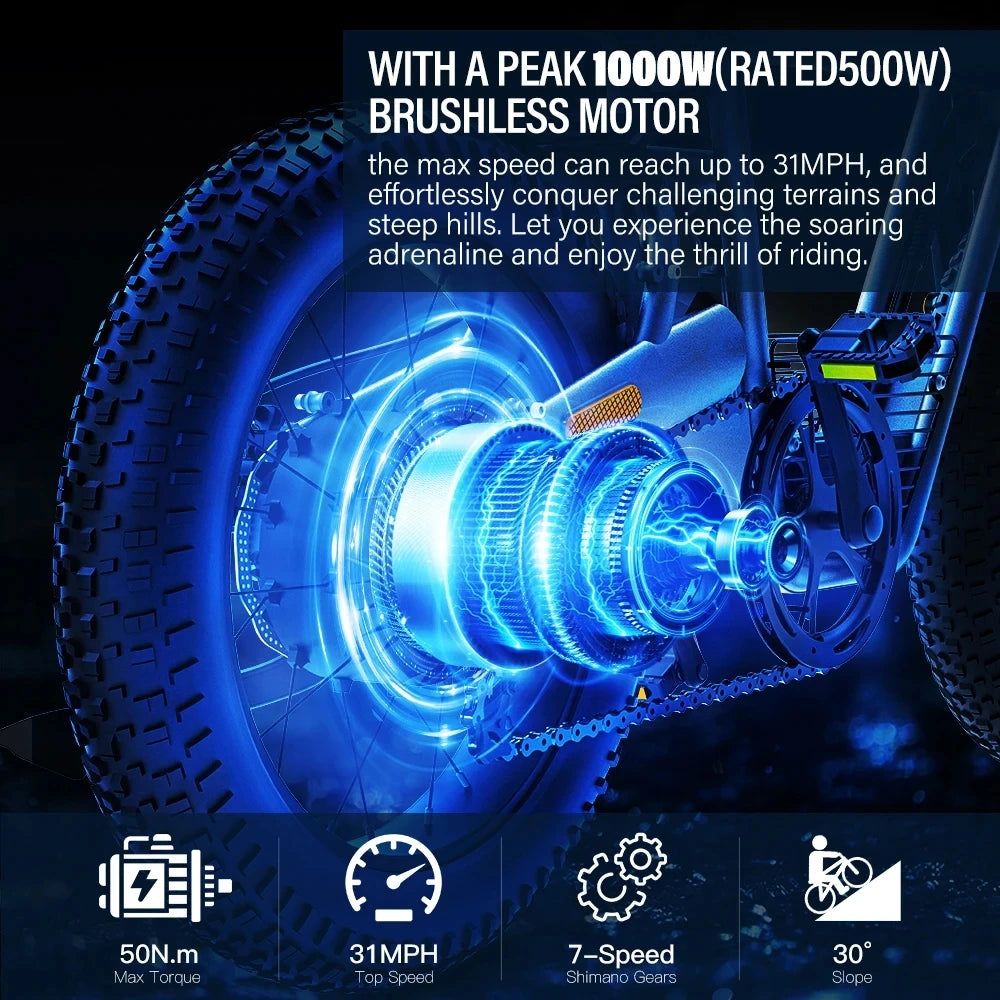 COSWHEEL Electric Bike Adults Off road electric Motorcycle bike 1000W Fat Tire Electric Bicycle,48V 20Ah Removable Battery Ebike
